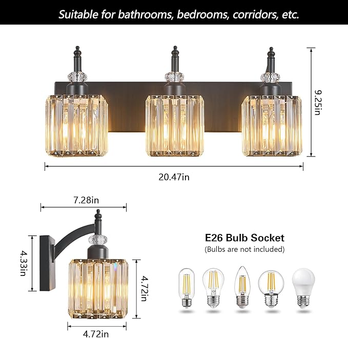 Modern Bathroom Vanity Light 3-Light Black Crystal Light Fixtures Over Mirror - Image 4