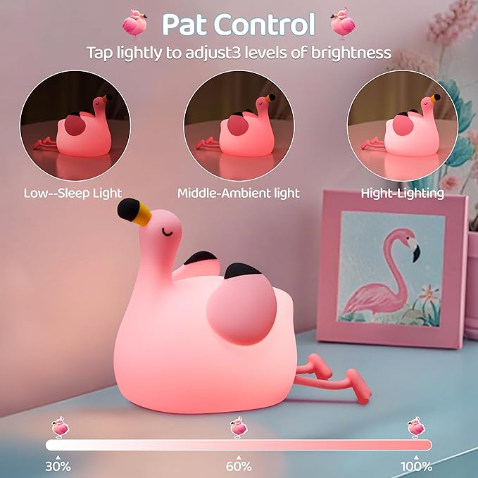 Flamingo Night Light for Kids, Silicone LED Squishy Animal Lamp, Dimmable/Timer - Image 2