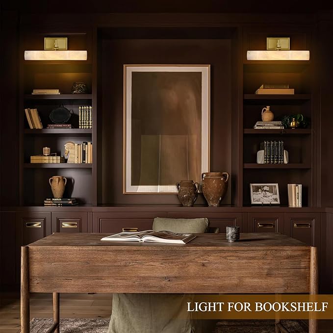 Alabaster Vanity Light, 12in Brass Bathroom Light Fixtures over Mirror - Image 12