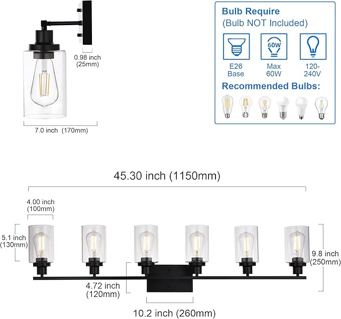 MELUCEE Black Vanity Light Fixture 6-Light Industrial Metal Wall Sconce - Image 4