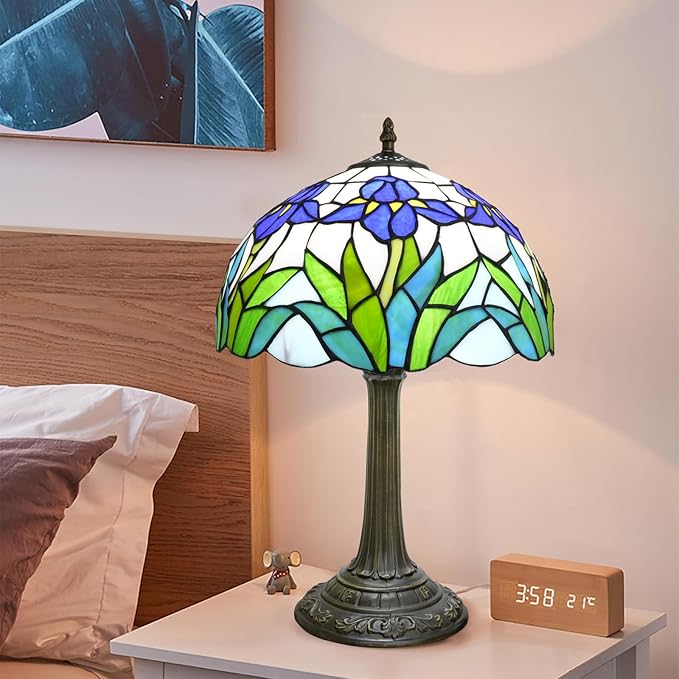 Tiffany Lamp Rural Style Green Blue Iris Flower Stained Glass Lamps Reading by TIFLRIS