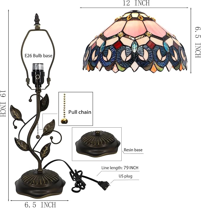Tiffany Table Lamp, W12H19 Inch, Metal Leaf Base - Image 3