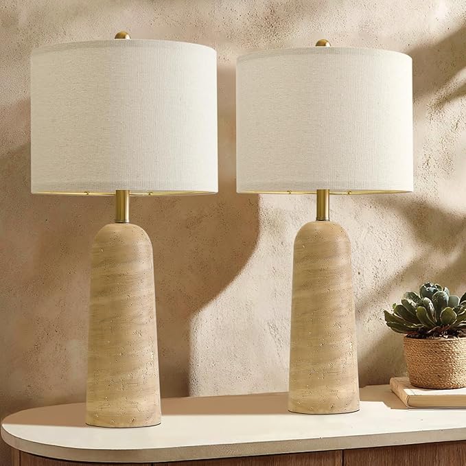 BOBOMOMO 27.25" Modern Table Lamp Set of 2, Warm Beige Resin Lamp - Image 5
