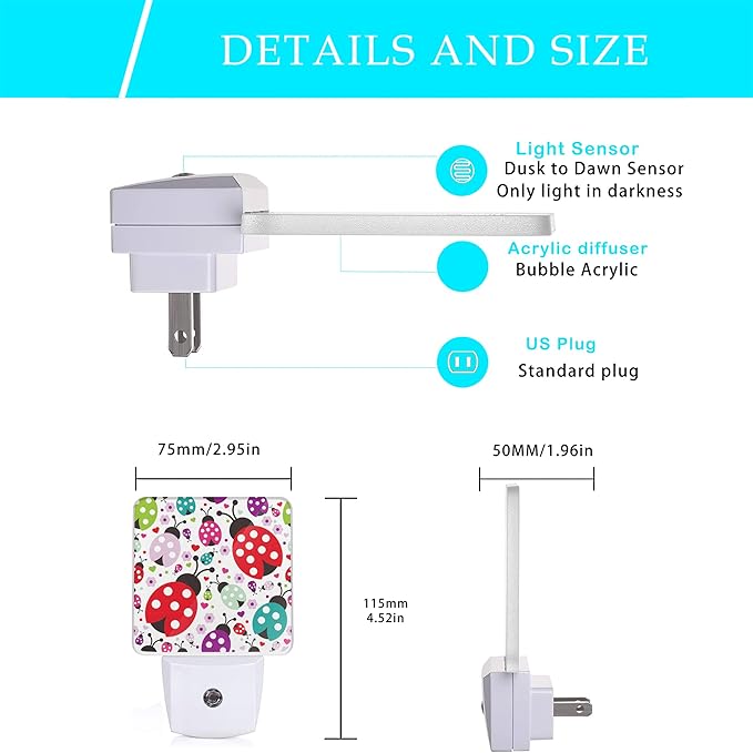 Ladybug Night Light, Cartoon Cute Ladybugs Plug in Night Lights Auto LED Lamp - Image 2
