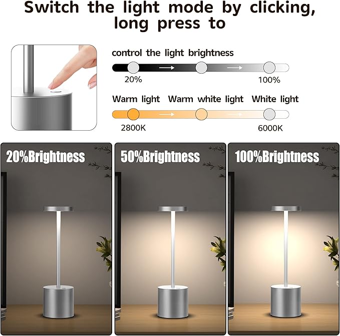2Pack Cordless Table Lamp, Rechargeable LED Battery 5000mAh Metal USB Portable - Image 2