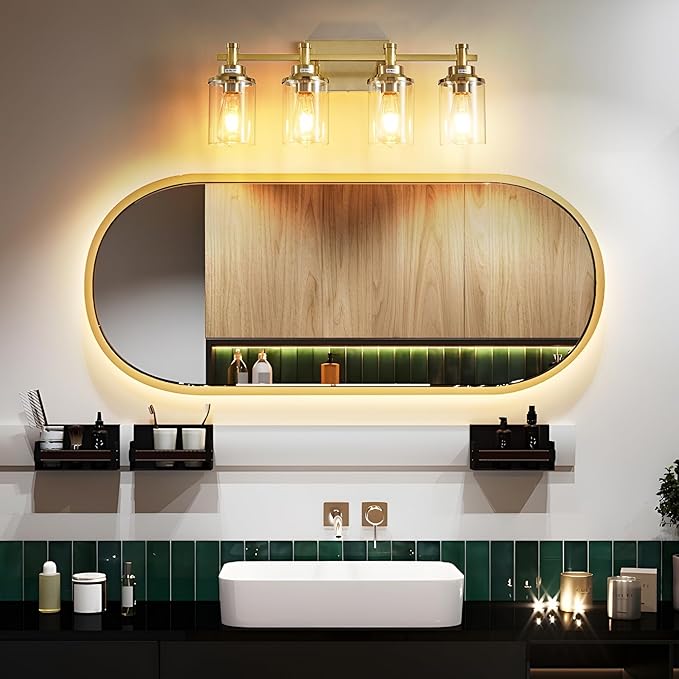 4 Light Brushed Brass Vanity Light Over Mirror, Vintage Wall Sconce - Image 6