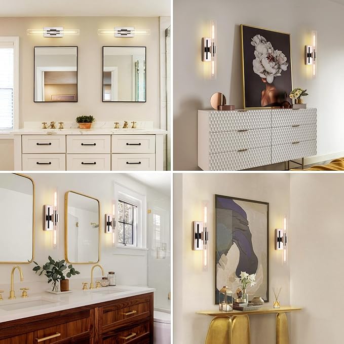 Bathroom Vanity Light Fixtures, Glass Tube Wall Sconces, Brushed Brass Base - Image 4