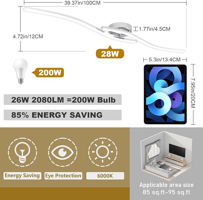 39.37Inch Linear Ceiling Light 6000K Chrome Modern Ceiling Light Fixture 28W - Image 7