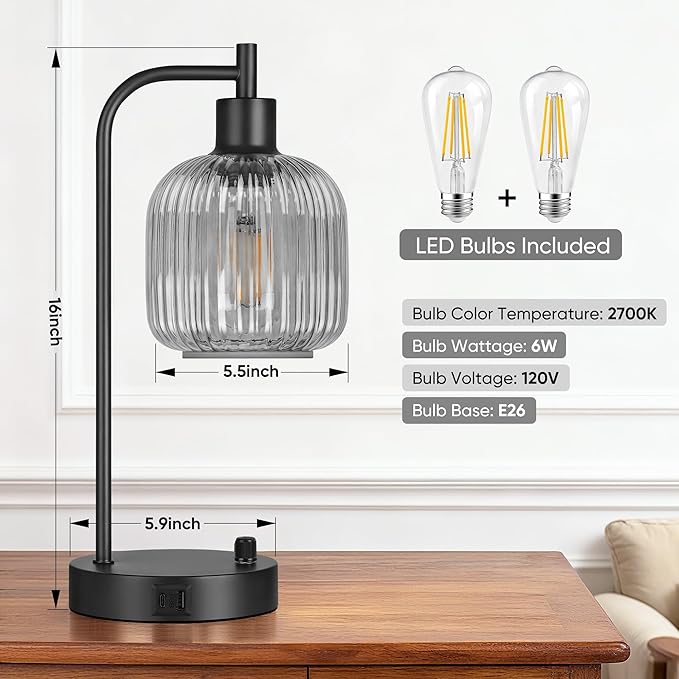 QiMH Industrial Table Lamp for Bedroom Set of 2, Stepless Dimmable Black Lamps - Image 3