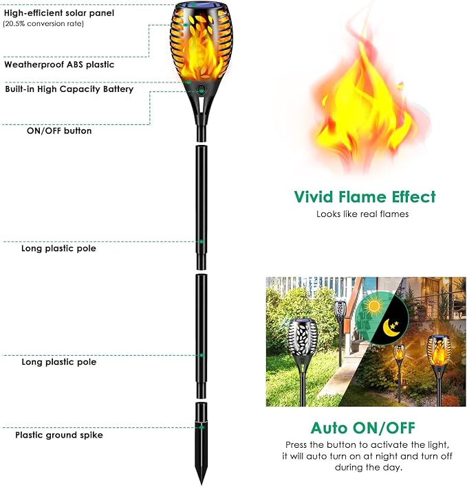 TomCare 8 Pack Outdoor Flickering Flames Torch Decorative Garden Lights Solar - Image 3
