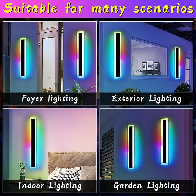 Widened 2 Pack RGB Outdoor Wall Lights, 23.6inch Long Dimmable Modern LED Wall - Image 8