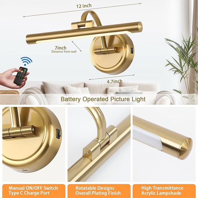 Rechargeable Picture Light for Wall, Dimmable Art Lights for Painting, Battery - Image 3