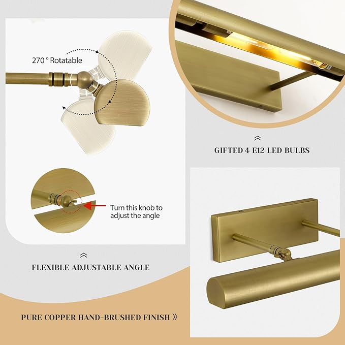 Brass Picture Lights for Wall, 4-Light Brush Gold Art Light, Dimmable Gallery - Image 5