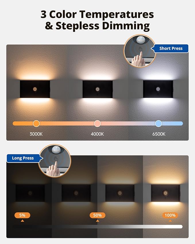 wowatt 6 Packs Rechargeable Motion Sensor Stair Light Black Battery Night Lights - Image 2