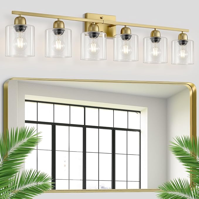 Modern Brushed Gold 6 Light Bathroom Light Fixtures, 38 inch Vanity Lights by FAISHILAN