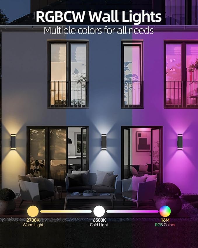 Smart Outdoor RGB Wall Lights 2 Pack, Wi-Fi & App Control Color Changing Up and - Image 2