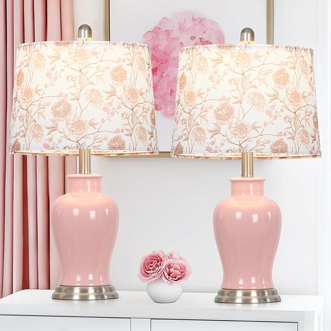 Pink Ceramic Table Lamp with Flower Lampshade, Modern Living Room Lamps Set 2 - Image 2