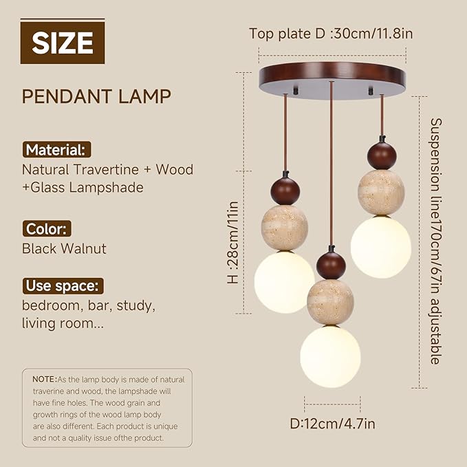 Wabi Sabi Pendant Light, 3-Light Travertine Stone Fixture-Japandi Japanese - Image 5