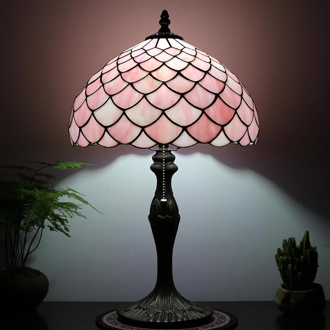 Tiffany Lamp Stained Glass Table Lamp 12” x 19” Pink Fish Scales Style - Image 5