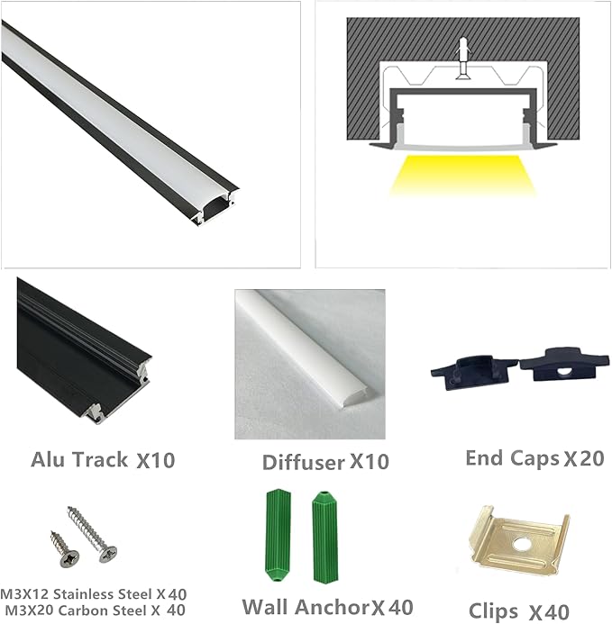Recessed LED Strip Black Channel Diffuser 10-Pack 6.56FT, 23.5X7MM Tape Track - Image 3