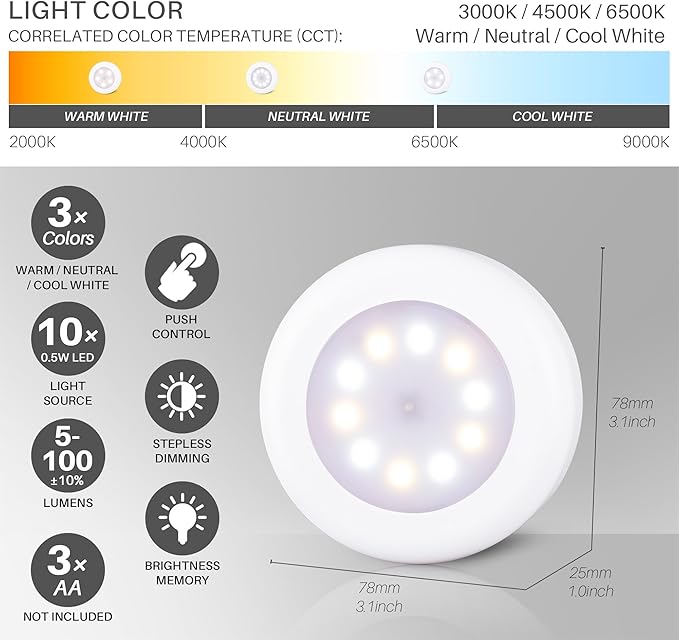 STAR-SPANGLED 4 Pack 3.1” Dimmable Push Tap Lights, Stick on LED Touch Puck - Image 3