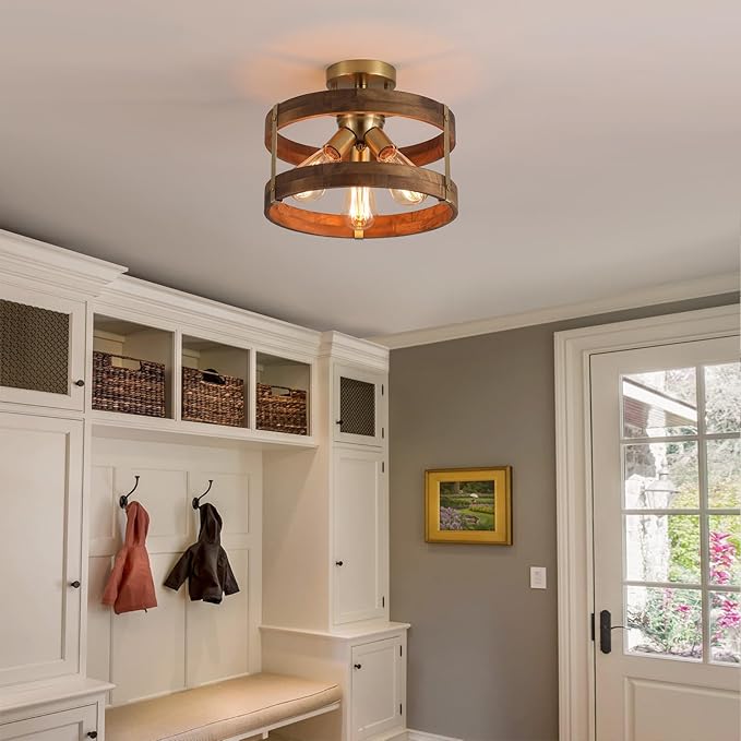 3-Light Rustic Farmhouse Wood Flush Mount Ceiling Light Fixture 12.59 inch Oak - Image 3