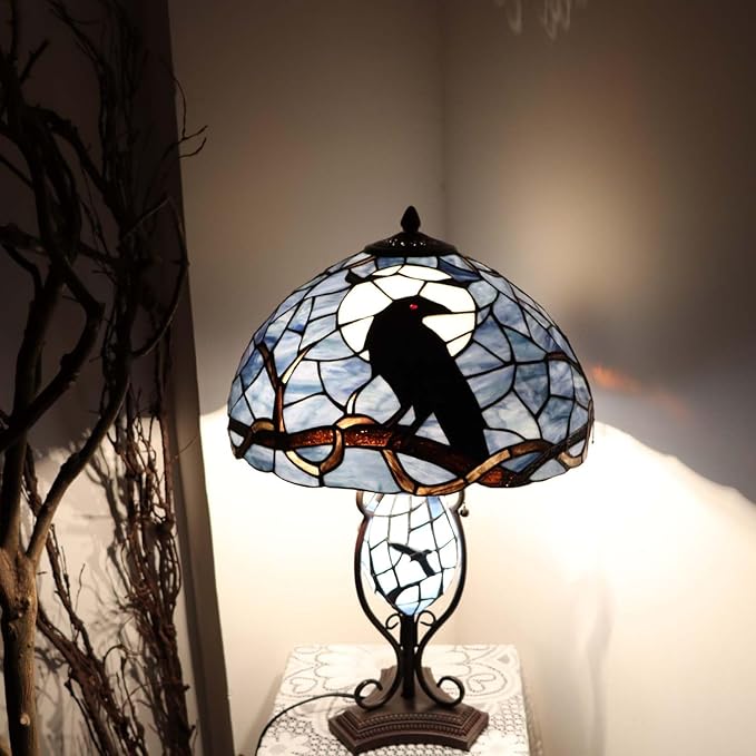 Bieye L10954 Raven Sitting on Bare Tree Branch in Full Moon Night Tiffany Style - Image 3