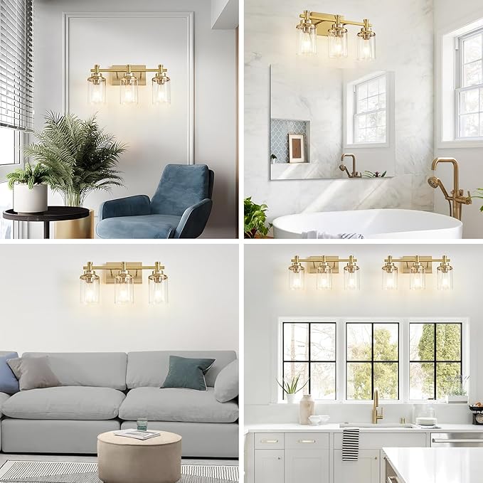 3 Light Gold Bathroom Vanity Light Over Mirror, Brushed Brass Vanity Light - Image 7
