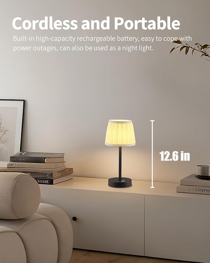 PUSU Cordless LED Black Table Lamp, Rechargeable 4000mAh 3 Way Dimmable Bedside - Image 2
