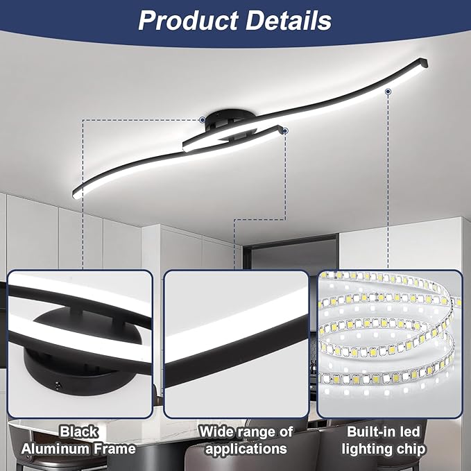 39.37Inch Linear Ceiling Light 6000K Black Modern Ceiling Light Fixture 28W - Image 4