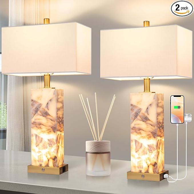 25.6" Alabaster Lamp, Marble Lamp Nightstand Lamps Set of 2, Table Lamps by Vallerico
