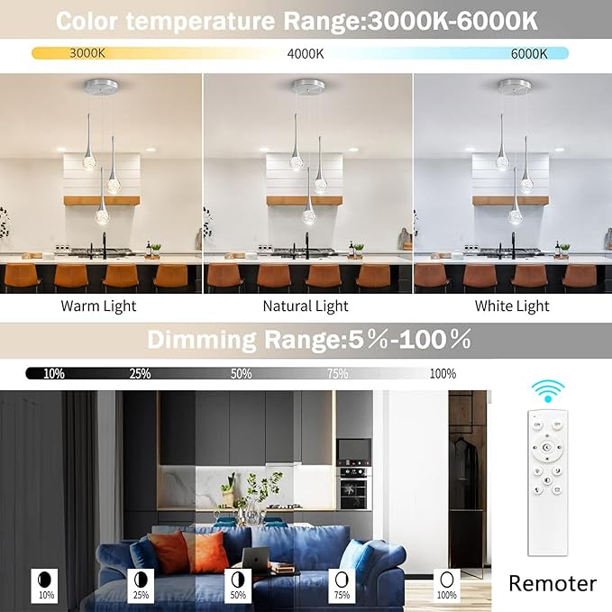 3-Lights Modern Pendant Lights for Kitchen Island LED Dimmable Crystal Glam - Image 3