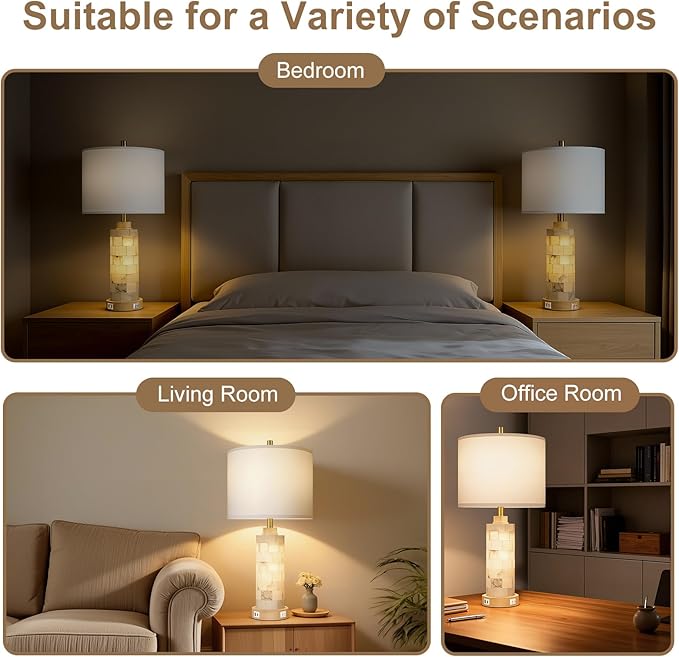 27" Natural Alabaster And Wood Table Lamp Set of 2 - Image 6