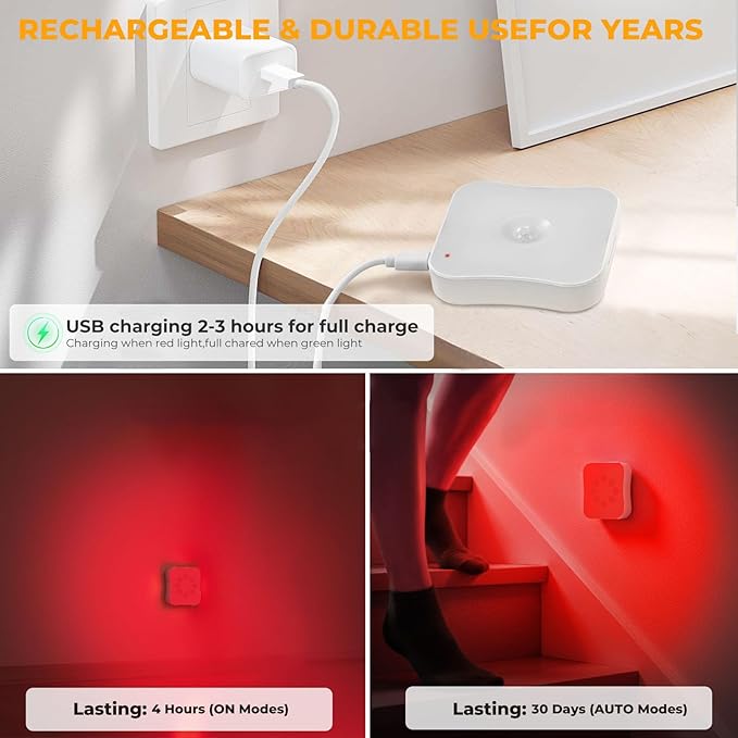 Red Motion Sensor Night Lights Rechargeable Battery Night Light Magnetic Red - Image 4