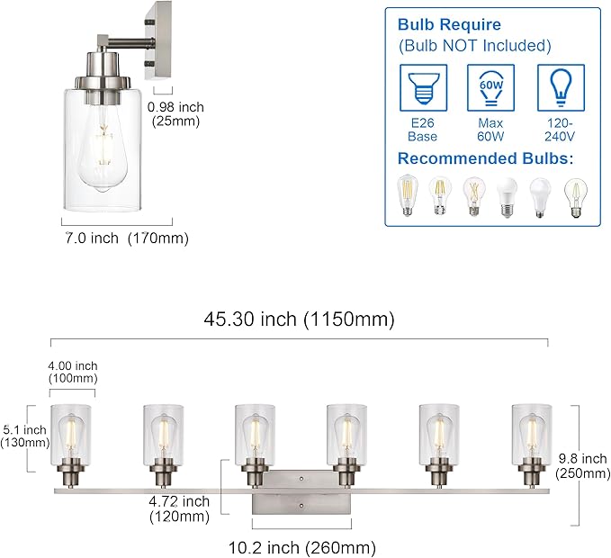 MELUCEE Modern Bathroom Vanity Light Fixtures 6-Light Brushed Nickel - Image 5