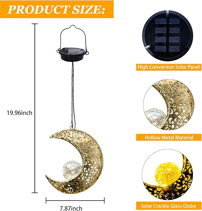 Solar Garden Hanging Moon Lights Outdoor Decor, Metal Lanterns Art Decorations - Image 4