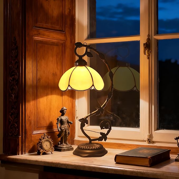 Golden Glass Table Lamp, Vintage Table Lamp, Bronze Metal Leaf Base Lamp - Image 7
