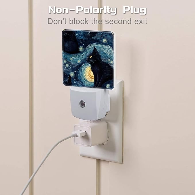 Starry Night Black Cat Night Light Plug into Wall, Abstract Oil Painting Cat - Image 3