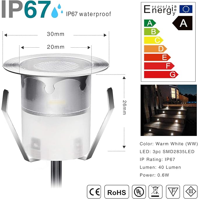 Recessed LED Deck Lighting Kits 12V Low Voltage Warm White Waterproof IP67 - Image 2