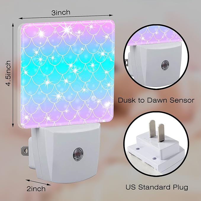 Pink Teal Mermaid Scales Night Light, Rainbow Glitter Fish Scale Dusk to Dawn - Image 2