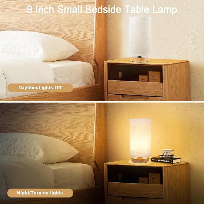 Small Bedside Table Lamp for Bedroom set of 2, Minimalist Wood Base & Round - Image 5