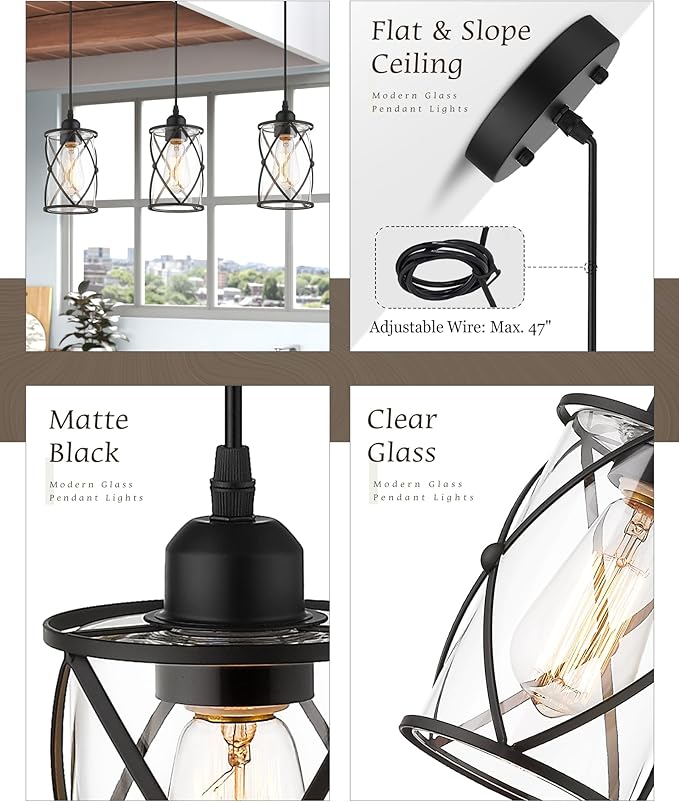 Glass Pendant Lights Kitchen Island 2 Pack, Farmhouse Industrial Cage Hanging - Image 3