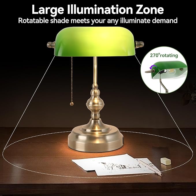 Green Glass Banker's Desk Lamp, Antique Banker Desk Lamps, Traditional Library - Image 3