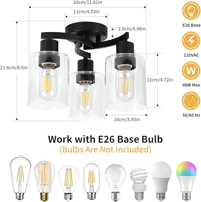 WILON Black Flush Mount Ceiling Light, Farmhouse Kitchen Lighting Fixtures - Image 3