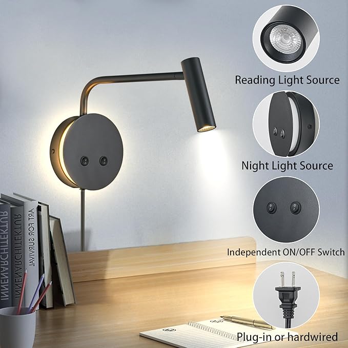 Matte Black Wall Mounted Reading Light, 4000K Flexible Headboard Reading Sconces - Image 6