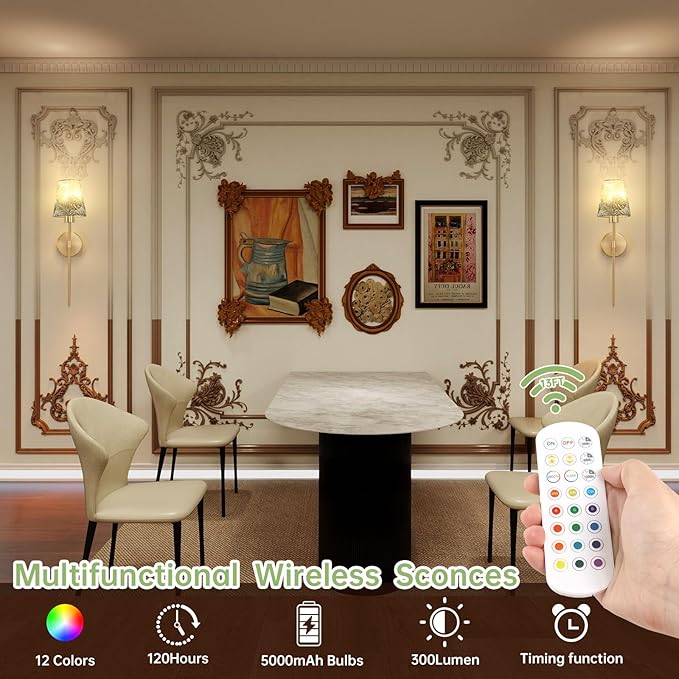 Battery Operated Wall Sconces Set of 2, Flower Pattern Shade 5000 mAh - Image 2
