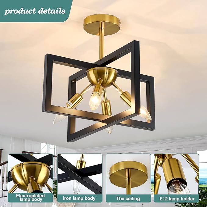 ZGLAOJT 4-Lights Ceiling Light Fixture Modern Black and Gold Semi Flush Mount - Image 5