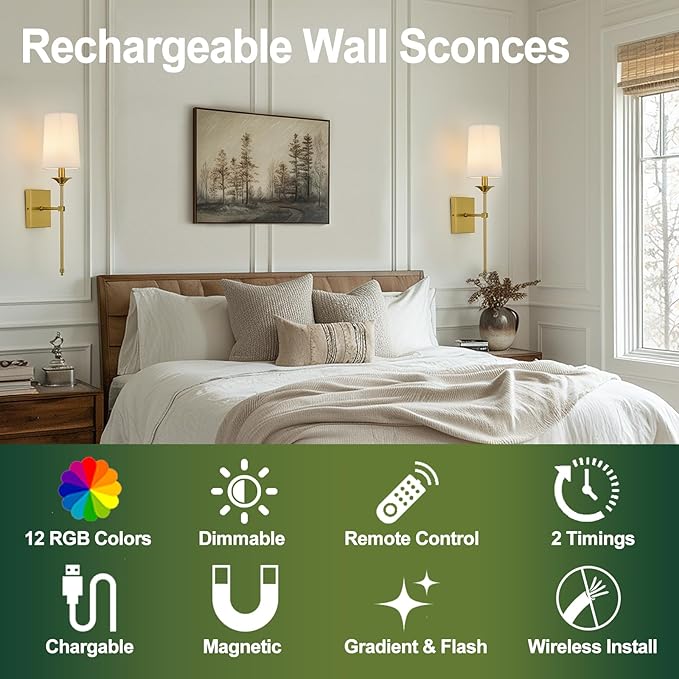 TERLEENART Battery Operated Wall Sconce Set of 2, Cordless Rechargeable Wall - Image 2