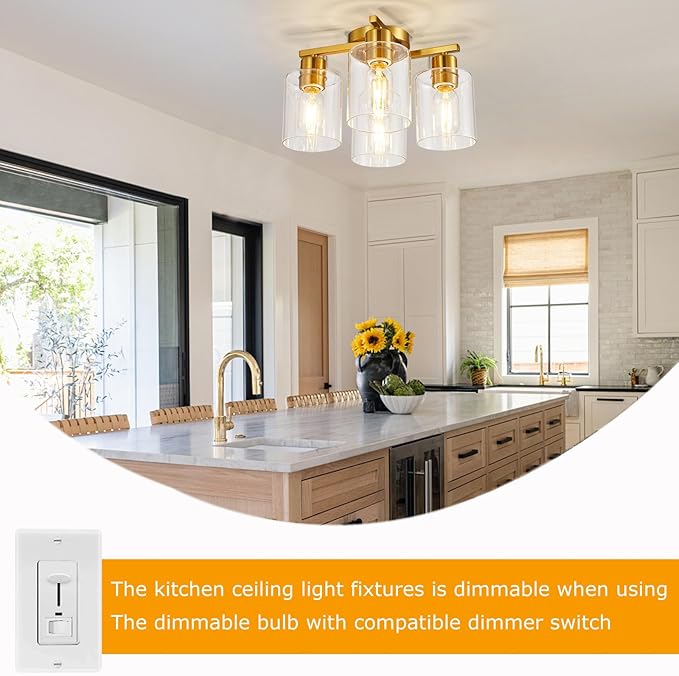 4 Light Semi Flush Mount Ceiling Light Brushed Gold Kitchen Lighting Fixtures - Image 6