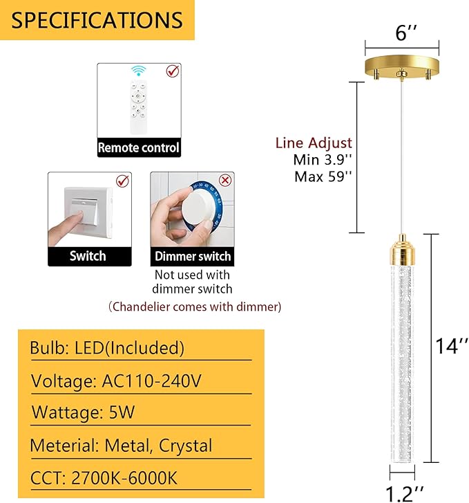 1-Light Modern Crystal Chandeliers LED Dimmable Pendant Lighting - Image 2